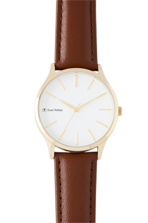  Trent Nathan TN1609L2 Gold Case White Dial Brown Strap Watch 