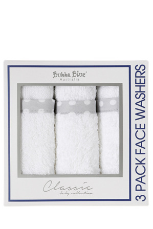  Bubba Blue Polka Dots 3 Pack Face Washers -Grey 