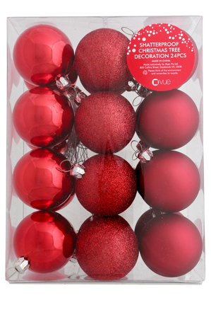  Vue Jingle Bells 24 piece shatterproof ball matt/glitter/shiny: 4.8cm: Red 