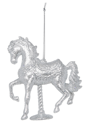  Vue Jingle Bells Plastic Glitter Carousel Horse Silver 